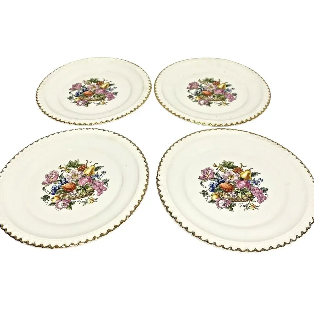 Vintage Mid Century Ambrosia China dessert plates 22kt gold trim floral set of 4